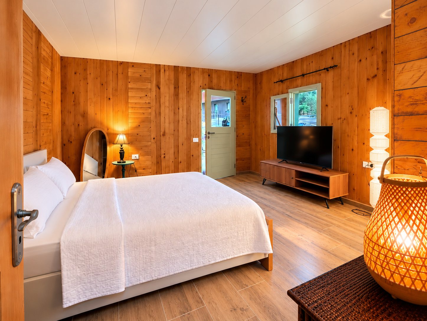 Sleeping area with a double bed in white bedding, TV and a glowing bamboo lamp against warm wood panelling